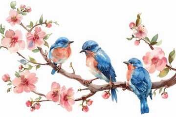 A sweet watercolor painting depicts a cluster of bluebirds chirping on a flowering branch, Clipart minimal watercolor isolated on white background