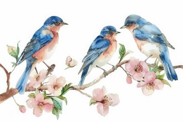 A sweet watercolor painting depicts a cluster of bluebirds chirping on a flowering branch, Clipart minimal watercolor isolated on white background