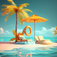 A beach scene with yellow lounge chairs, a yellow umbrella, and a palm tree.