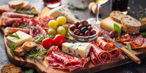 Fototapeta premium Close-up photo of a gourmet charcuterie board featuring a variety of cured meats, artisan cheeses, and gourmet accompaniments, arranged with artistic flair.