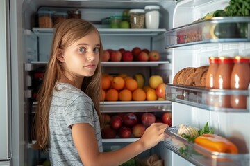 a girl opened refrigerator in kitchen