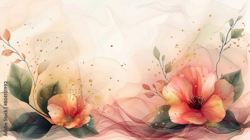 Poster Abstract art background vector. Luxury minimal style wallpaper with golden line art flower and botanical leaves. Organic shapes. Watercolor. Generative AI.