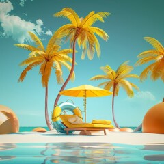 Obraz premium A beach scene with yellow lounge chairs, a yellow umbrella, and a palm tree.