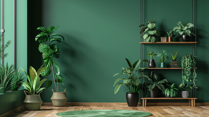 Interior of modern room with shelf unit and houseplant