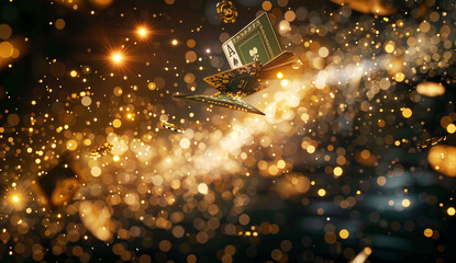 Golden Lights and Floating Poker Cards Casino Background