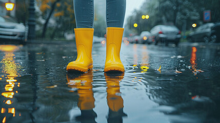 Person's feet are wearing yellow boots. There are large puddles on the city roads after heavy rain. Front photo of legs - Powered by Adobe