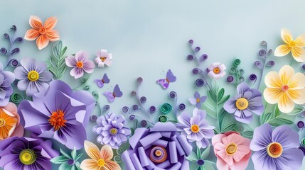 A quilling banner enriched with paper flowers blooms vibrantly, encapsulating the essence of spring and renewal, Template paper art concept with copy space