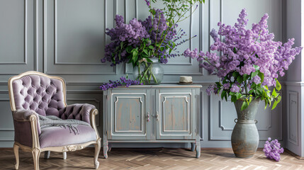 Interior of room with cabinet and bouquet of lilac flower