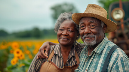 African American family. Happy couple of senior farmers. An elderly gray haired 75 years old man, with his wife, a 70 years old woman.