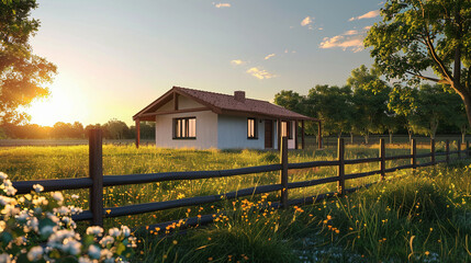 Serene Modern House Amid Lush Fields at Sunset