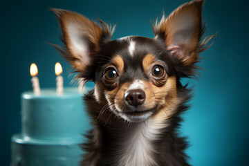 A cheerful Chihuahua in front of a birthday cake with lit candles, capturing a playful and adorable celebration moment