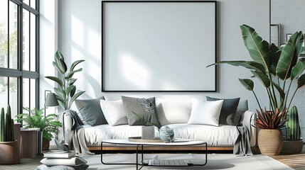 Black framed modern living room mockup template, white wall. Generative AI.
