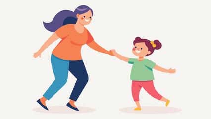 A mother and daughter hold hands and laugh while attempting a line dance expressing the importance of instilling body positivity at all ages.. Vector illustration