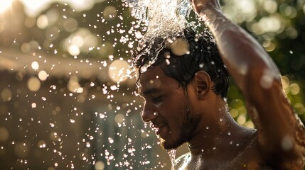 Fototapeta premium A man is pouring water over his head from a bucket to cool off in the summer heat.