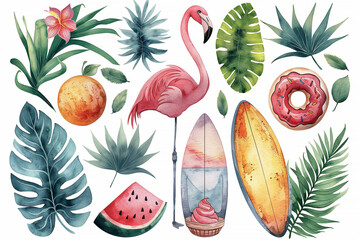 Summer set from flamingo, surfboards, green leaves, donuts, tropical flowers, piece of watermelon on white background. Illustration. Summer vibes concept 