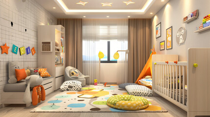 Interior of stylish childrens room with baby bed