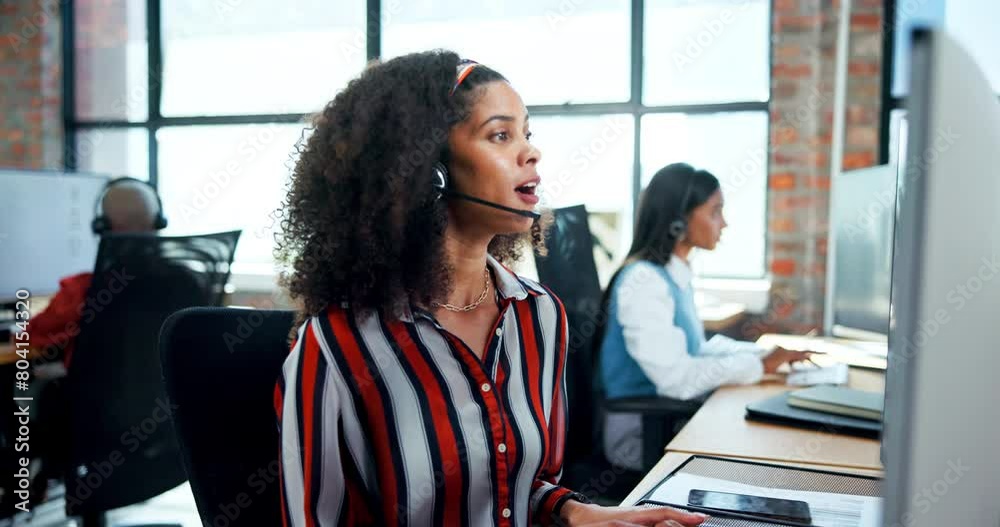 Poster Woman, help and customer service in call center with consultant for crm, faq or b2b networking. Telemarketing, sales and contact us for technical support questions, advice and problem solving ideas
