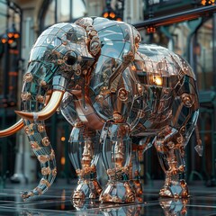 A virtual 3D representation of a mechanical elephant, incorporating copper and glass 8K , high-resolution, ultra HD,up32K HD