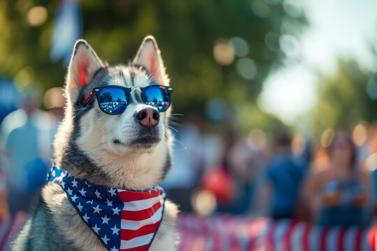 a cool Husky dog wearing Sunglasses and wearing American Bandana Scarf in standing pose at 4th of July patriotic parade celebration
