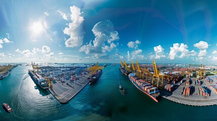 A panoramic view of a bustling port at midday, with cargo ships being loaded and unloaded amidst the organized chaos of maritime operations - obrazy, fototapety, plakaty