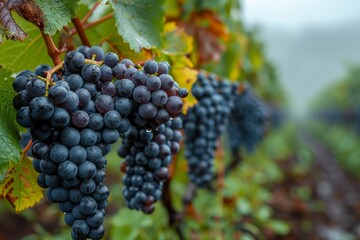 Fototapeta premium Dark grapes hang heavily on the vine, their surfaces bejeweled with morning dew amidst the foggy vineyard ambiance