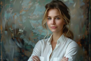 Fototapeta premium An elegant young woman with crossed arms standing before an artistic background, exuding confidence