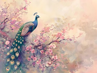 Majestic Peacock Perched in Dreamy Floral Watercolor Fantasy Landscape