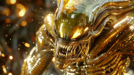 An alien creature sculpted entirely from gold, gleaming in the light
