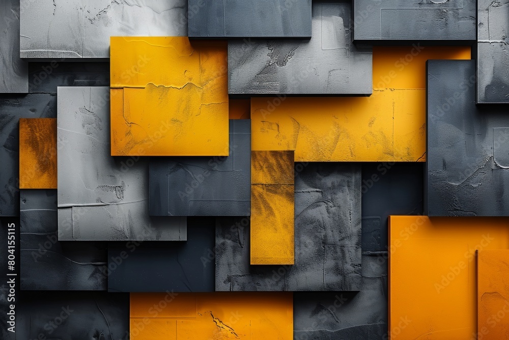 Poster this image displays a modern abstract design, where yellow and gray blocks interlock to create a vis