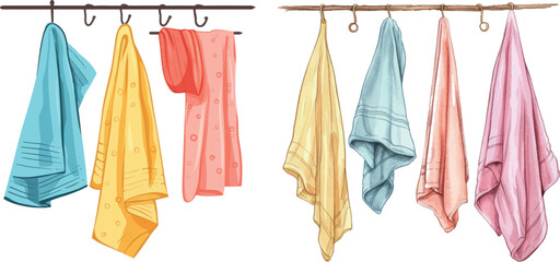 Hanging bath towels. Cartoon dry clean items for bathroom