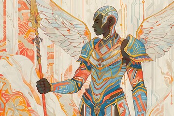 An armored angel with dark skin, holding a stunning long spear 8K , high-resolution, ultra HD,up32K HD