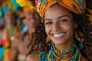 A woman with a contagious smile, dressed in vivid carnival wear, posing confidently with a blurred background