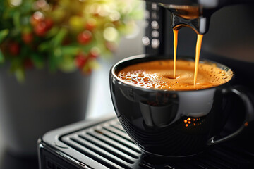 The coffee machine pours coffee into a black cup in a thin stream. Close-up. Generated by artificial intelligence