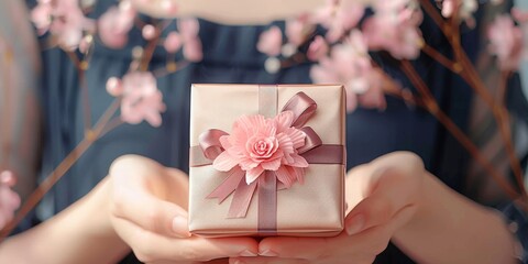 A person is holding a present with a black ribbon and flower decoration in the palm of their hands. The background is blurry, with a few out of focus pink flowers in the top right corner.