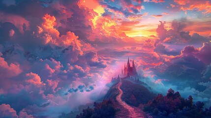 An enchanting view of a castle with a path, surrounded by heartshaped clouds in the illustrations 8K , high-resolution, ultra HD,up32K HD