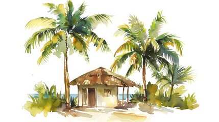 A watercolor painting of a cozy beach hut shaded by palm trees, Clipart minimal watercolor isolated on white background