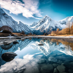 A serene lake reflecting snow-capped mountains. 