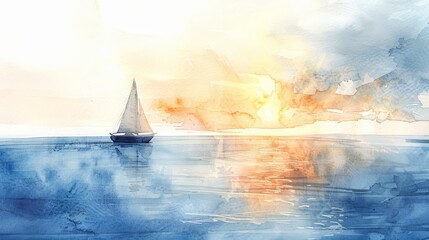 Naklejka premium A watercolor painting of a lone sailboat on a vast, calm ocean at dawn, Clipart minimal watercolor isolated on white background