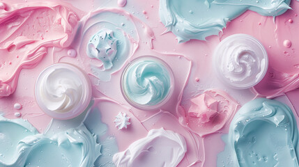 Soft, pastel hues of skincare creams blending seamlessly against a backdrop reminiscent of frosted confections.