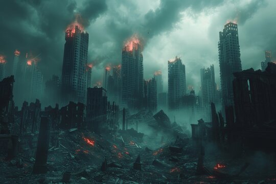 A haunting depiction of an apocalyptic city with skyscrapers engulfed in flames against a stormy sky