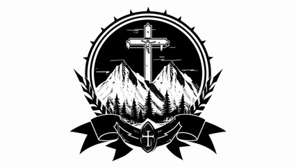 a family sheild with a cross and mountains, black and white graphic 