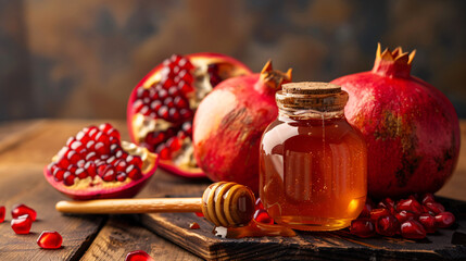 Jar of sweet honey dipper and pomegranate on table