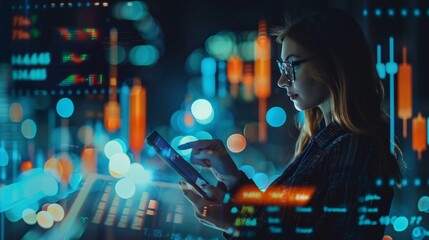 Business women, tablet and stock market report, hologram and forex data analysis, growth or accounting. Female workers trading, documents and digital technology for fintech investment, erp or finance