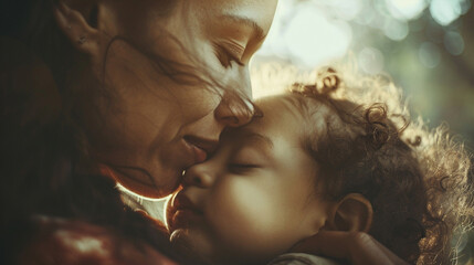 a mother and child kiss on a sunny day.