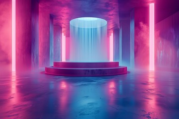 A spacious room with a circular stage bathed in neon light and accentuated with futuristic design elements