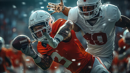 Two emotional American football players, full height, catch the ball, the first player is wearing red uniform, second player is wearing a white uniform. Generative AI.