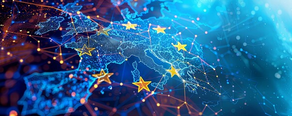 High-Tech Digital Connectivity Across the European Map with Glowing Nodes and Stars. EU