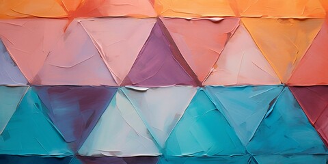 抽象油絵カラフル背景横長バナー）オレンジ・青緑・モーヴの三角形を使ったデザイン