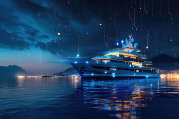 Luxury yacht overlaying with digital virtual lines