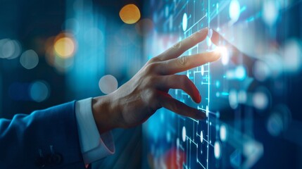 Businessman hand touching fintech (financial technology) with blurred background